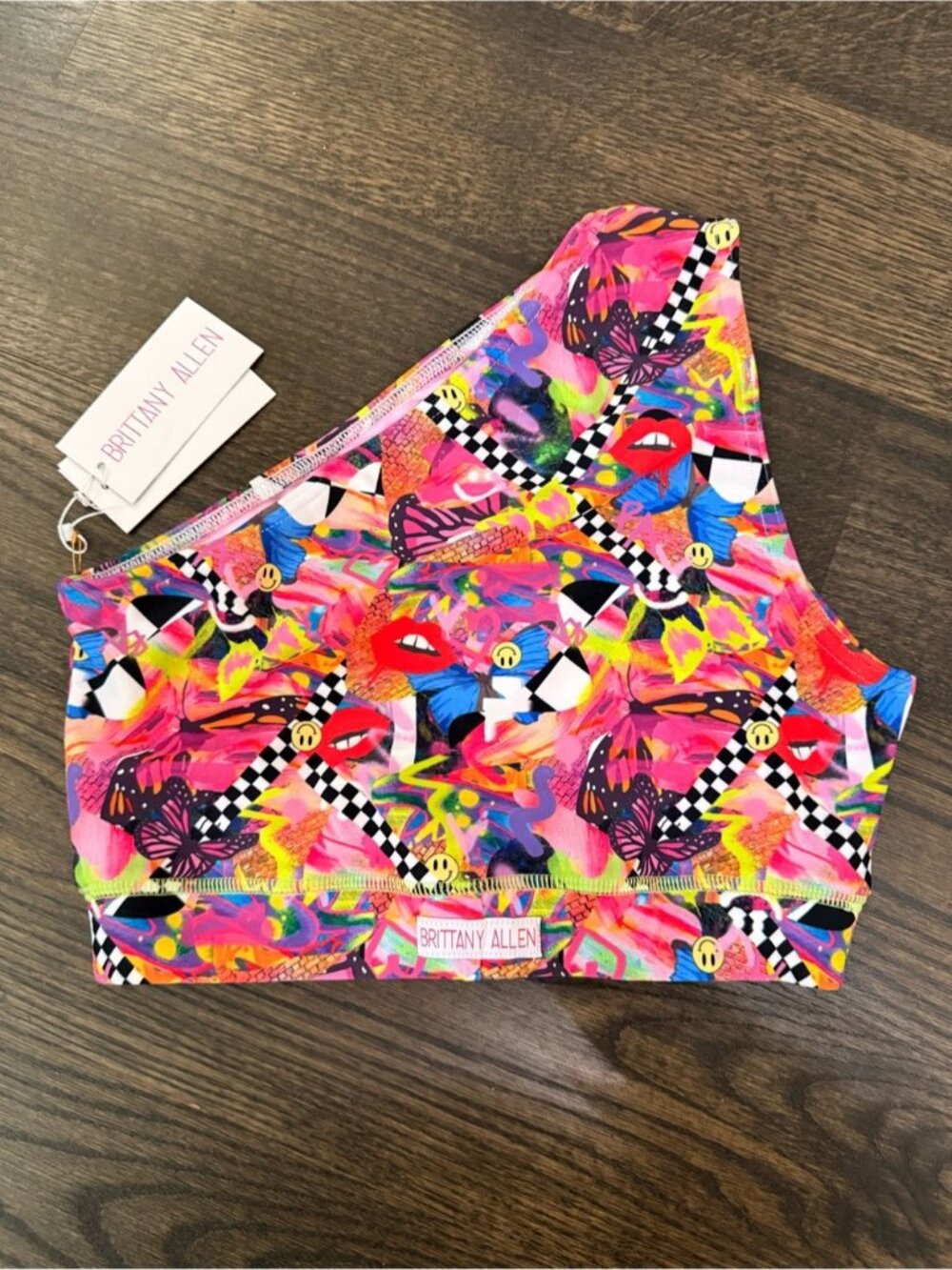 NWT Brittany Allen One-Shoulder Neon Pop Art Sports Bra size S - Picture 2 of 5